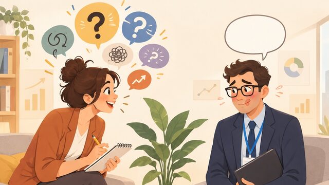 Illustratie van een interviewgesprek, met vraagtekens en ideeën in gedachtewolken boven de ge&iuml;nterviewde expert