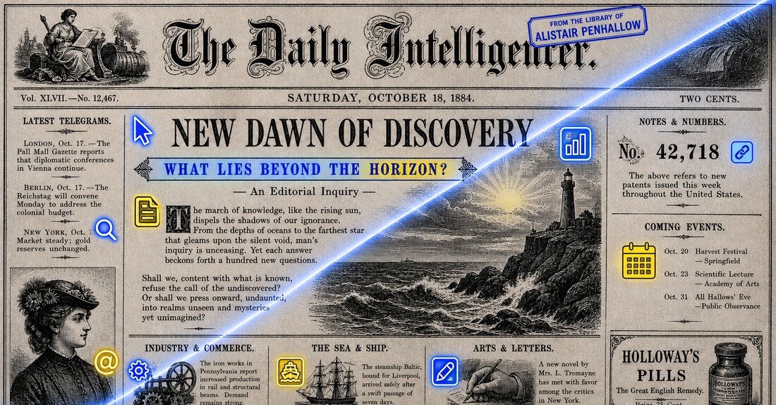 Een negentiende-eeuwse krantenpagina, The Daily Intelligencer, met moderne AI-symbolen erover geprojecteerd